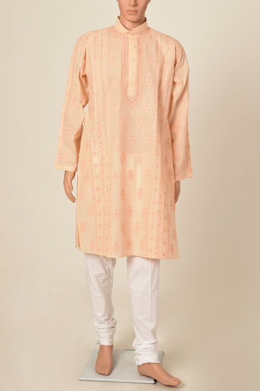 Lucknow Chikan Emporium Hand Chikankari cotton peach colour gents kurta