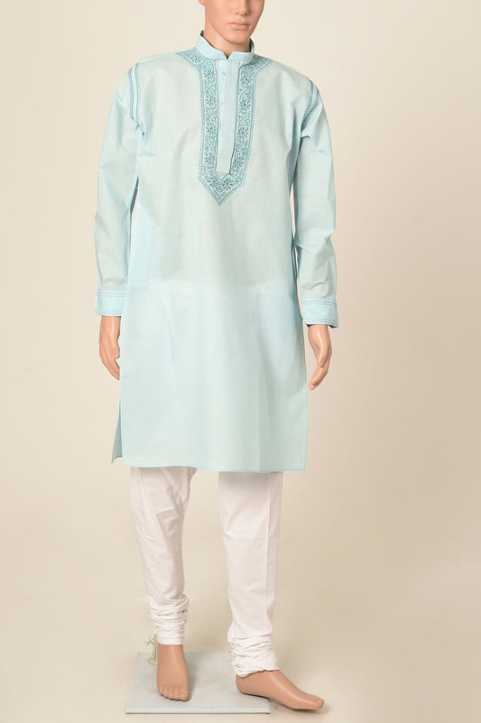 Lucknow Chikan Emporium Hand Chikankari cotton blue colour gents kurta