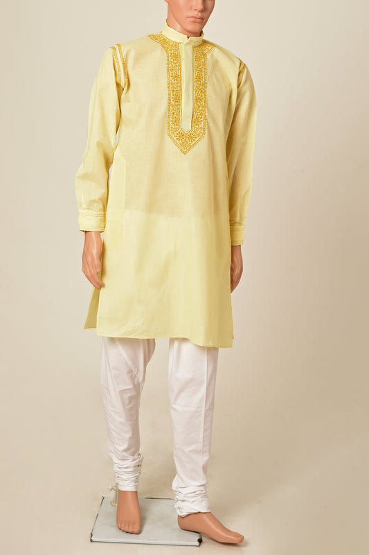 Nice Hand Chikankari cotton light yellow colour gents kurta Lucknow Chikan Emporium