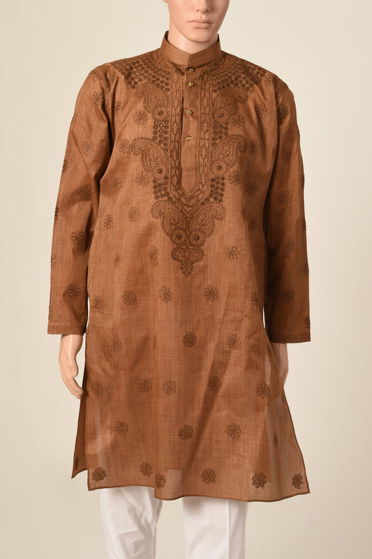 Lucknow Chikan Emporium Hand Chikankari cotton silk chocolate brown colour gents kurta