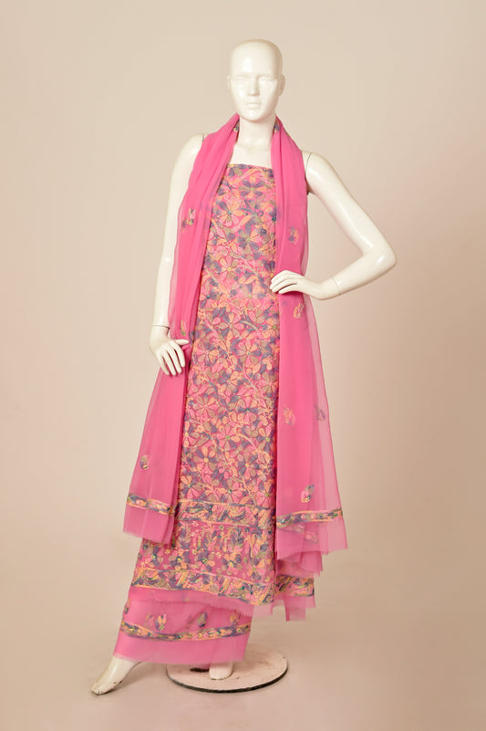 Hand Embroidered Lucknowi Chikan Semi Georgette Pink Color Unstitched Suits