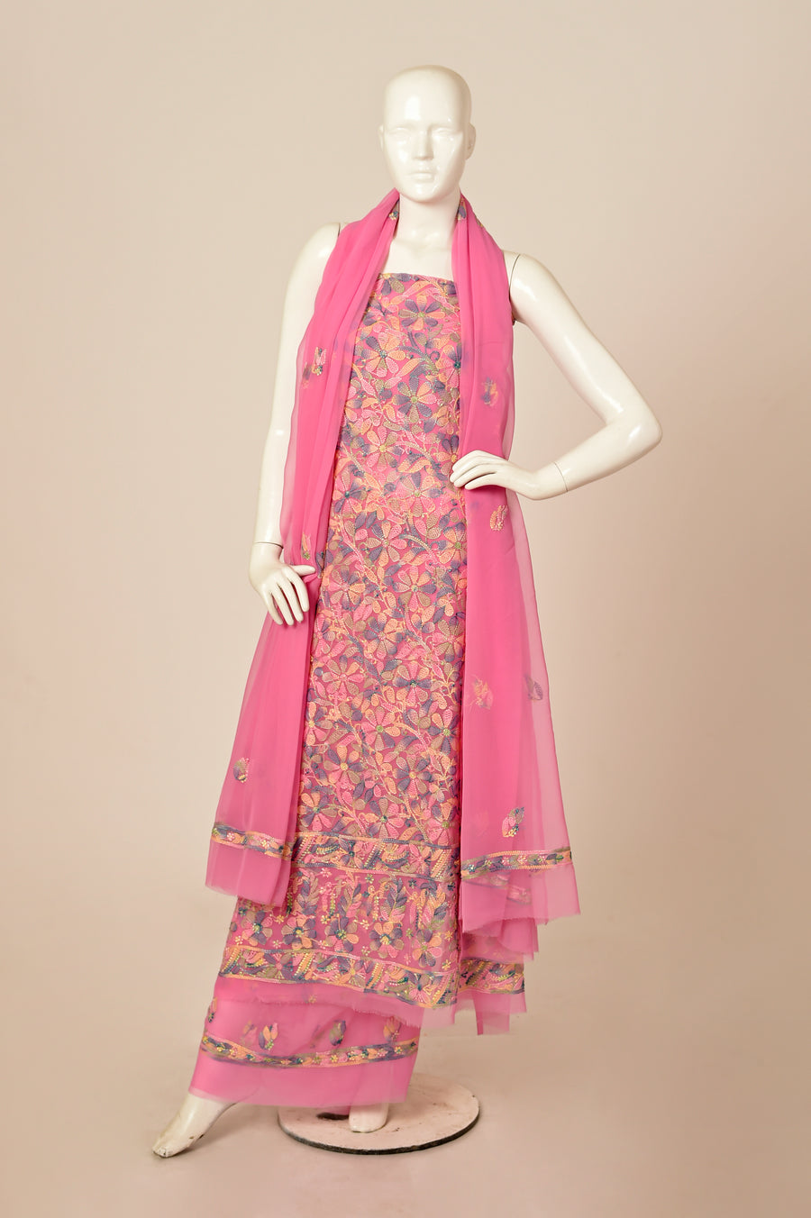 Hand Embroidered Lucknowi Chikan Semi Georgette Pink Color Unstitched Suits