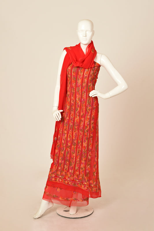 Semi Georgette Red Color Hand Embroidered Lucknowi Chikan  Unstitched Suits