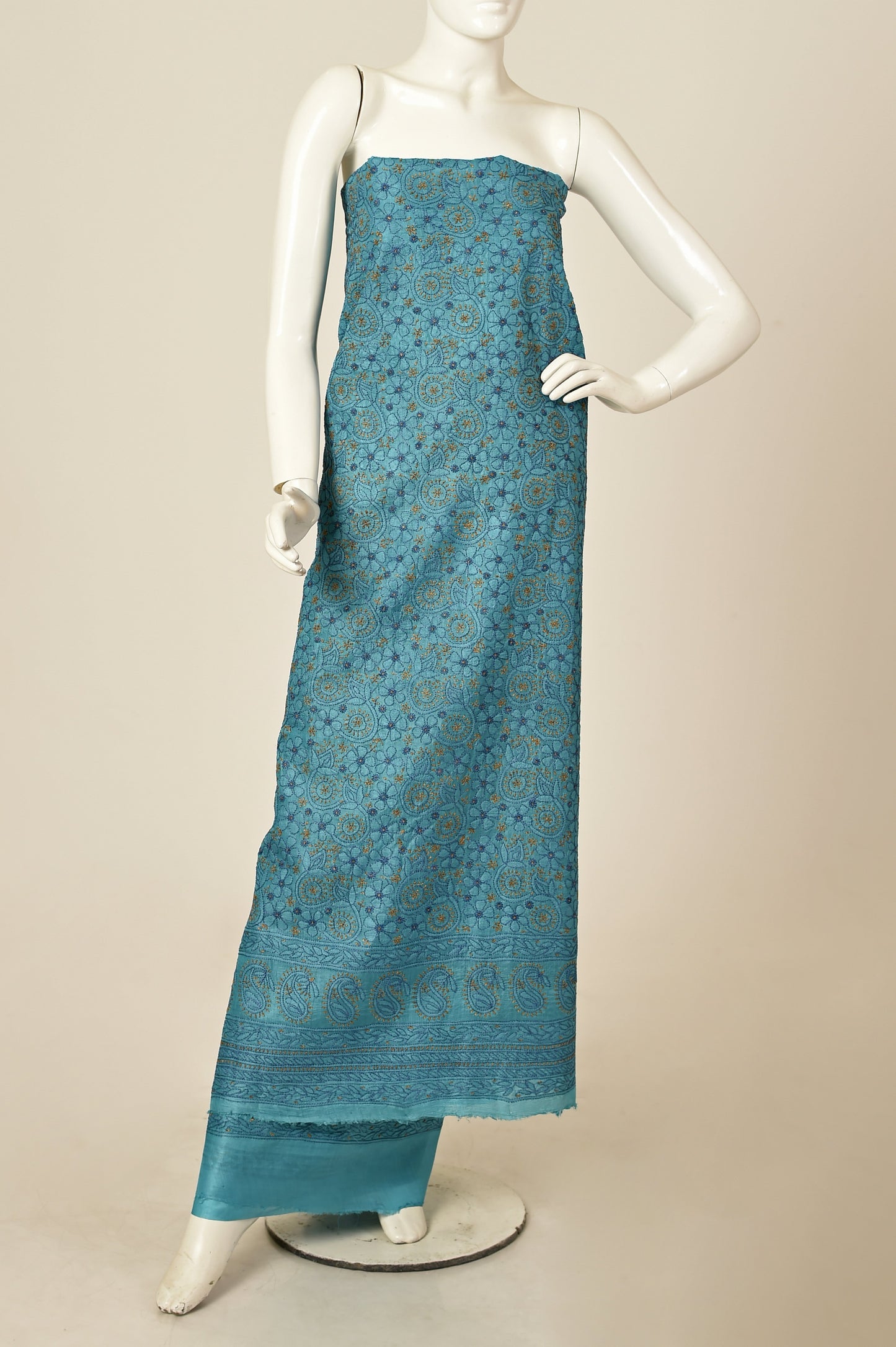 Lucknowi Chikankari peacock blue tussar silk Unstiched suit material.