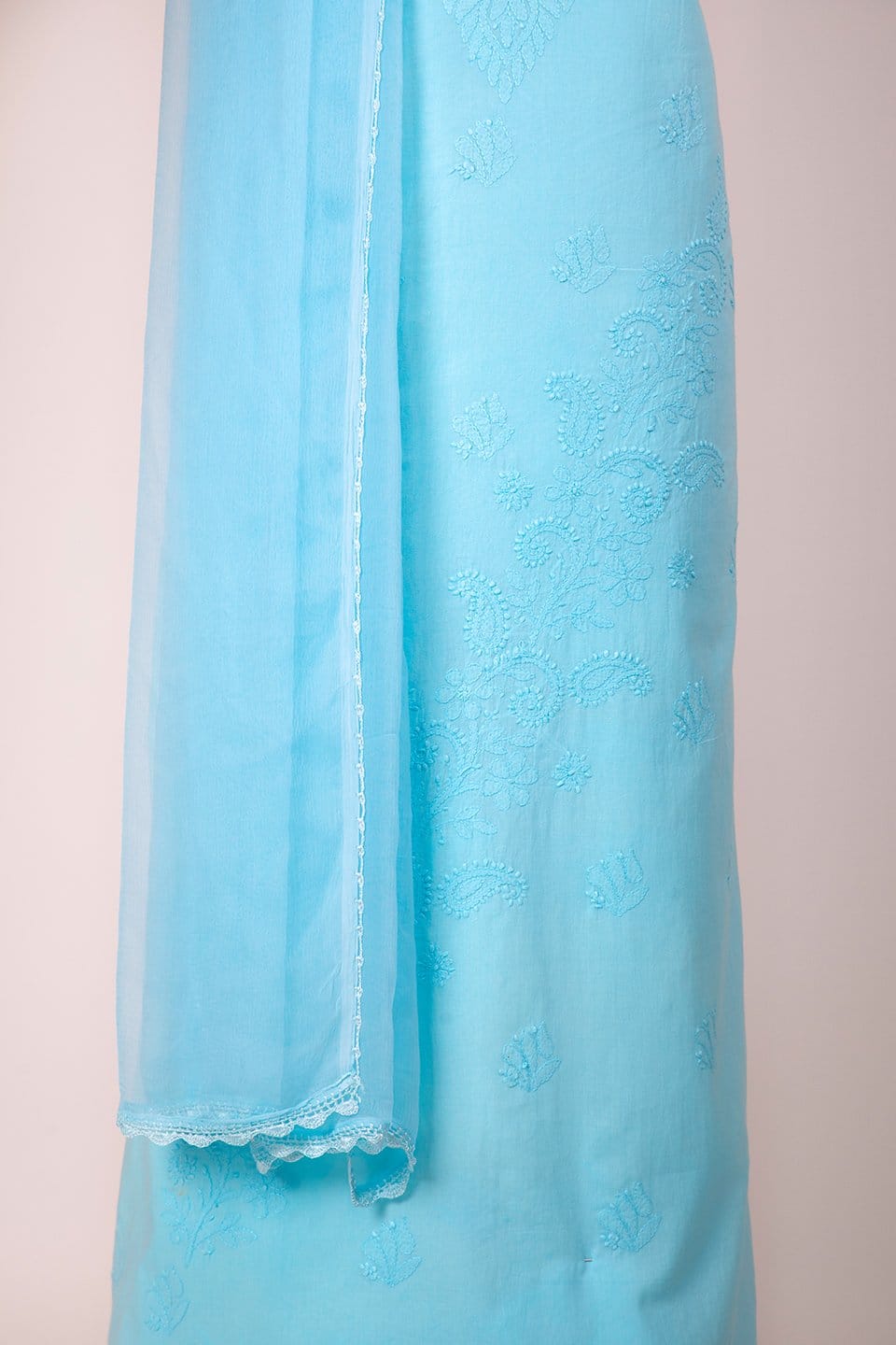 Hand Embroidered Lucknowi Chikan Soft Cotton SkyBlue Color Unstitched Suits 