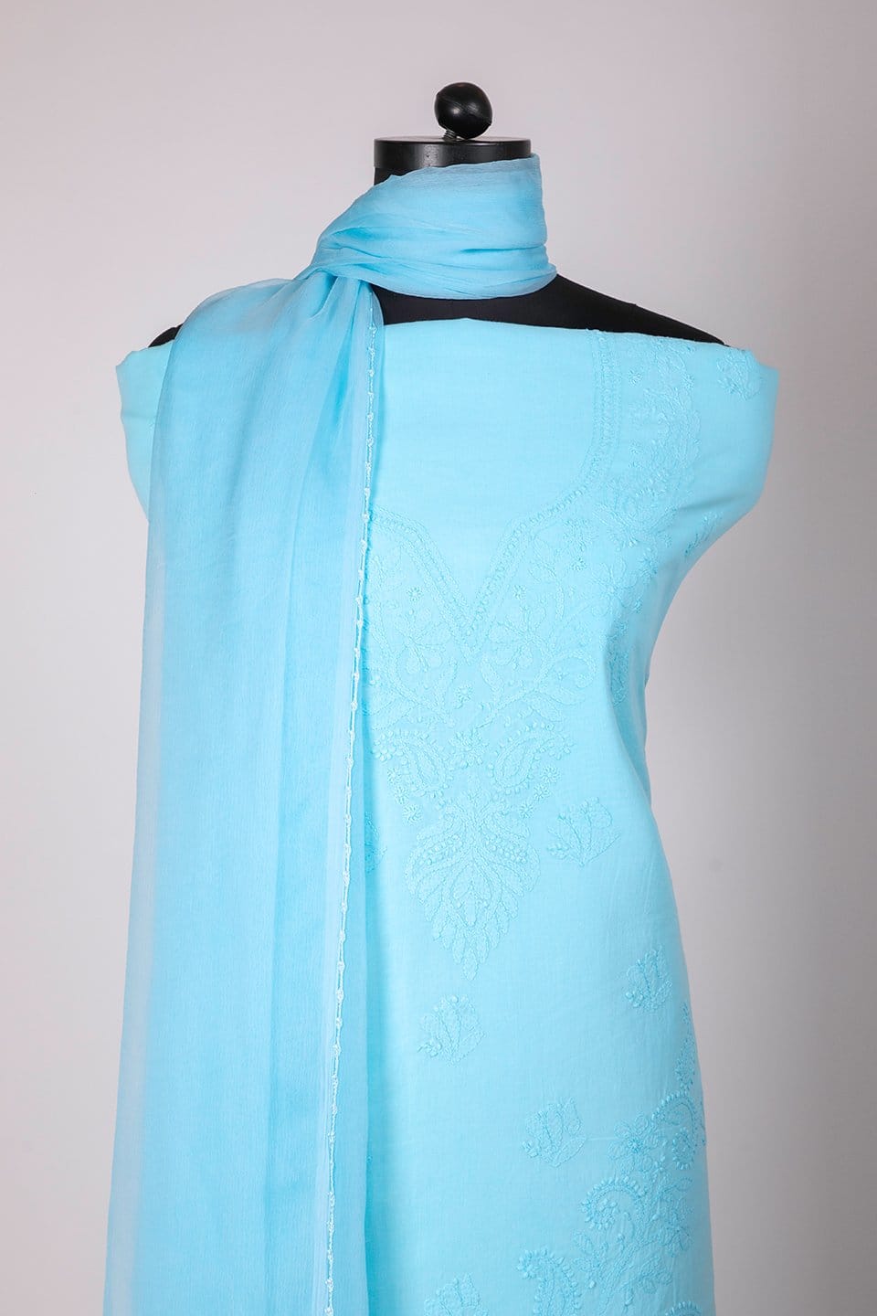 Hand Embroidered Lucknowi Chikan Soft Cotton SkyBlue Color Unstitched Suits 
