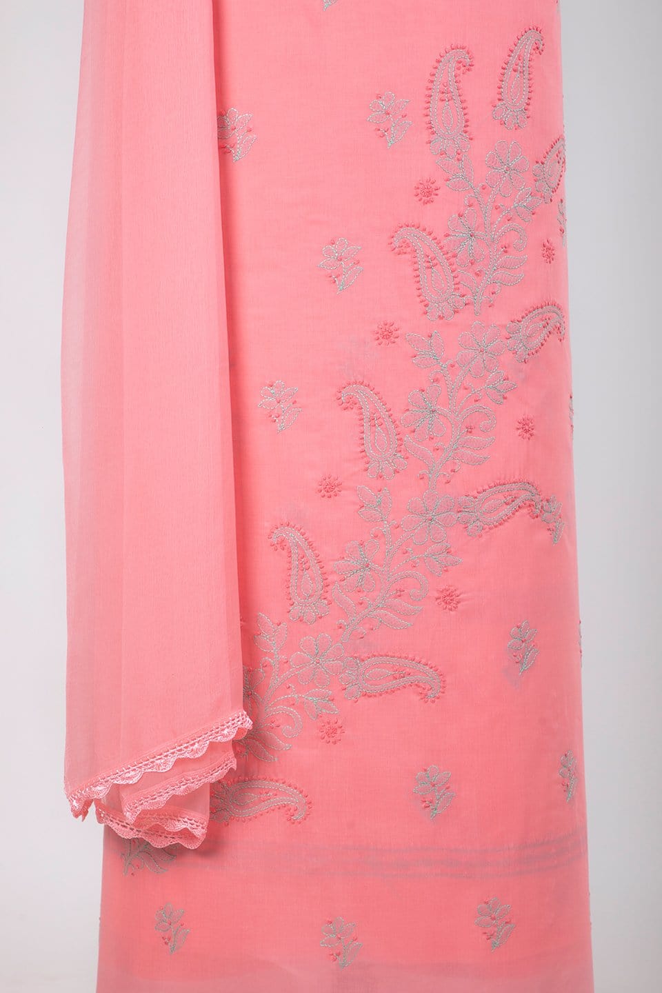 Hand Embroidered Lucknowi Chikan Soft cotton Unstitched Suits (Pink) 
