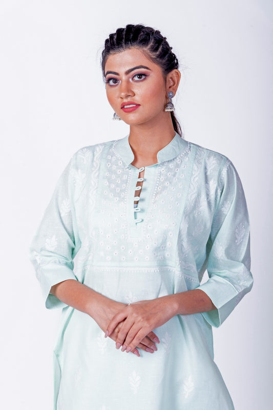 Skin Friendly Cotton A linen Chikankari Kurti Nice light Green Colour Lucknow Chikan Emporium.