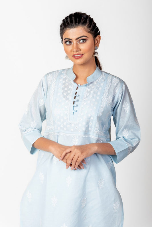 Skin Friendly Cotton Alinen Chikankari Kurti Nice light  Blue Colour Lucknow Chikan Emporium.