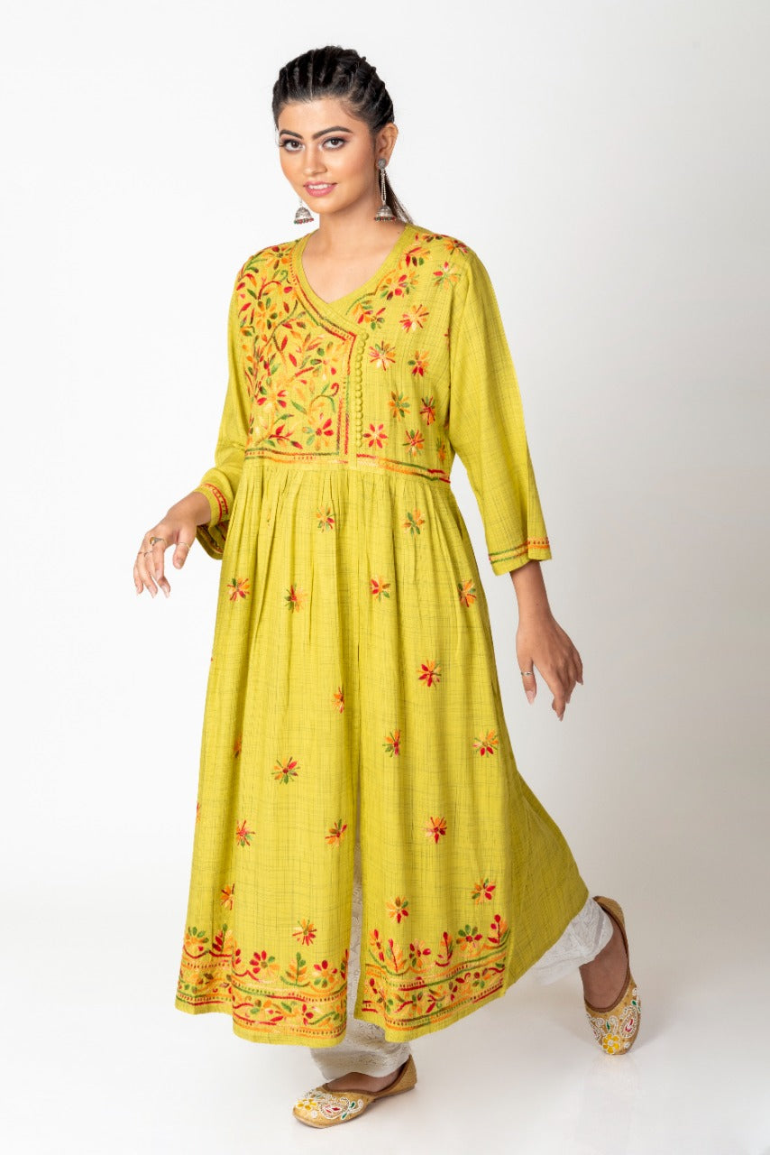 Lucknow Chikan Emporium Hand Embroided Cotton Rayon Chikankari Mehandi Green Angarkha Kurti