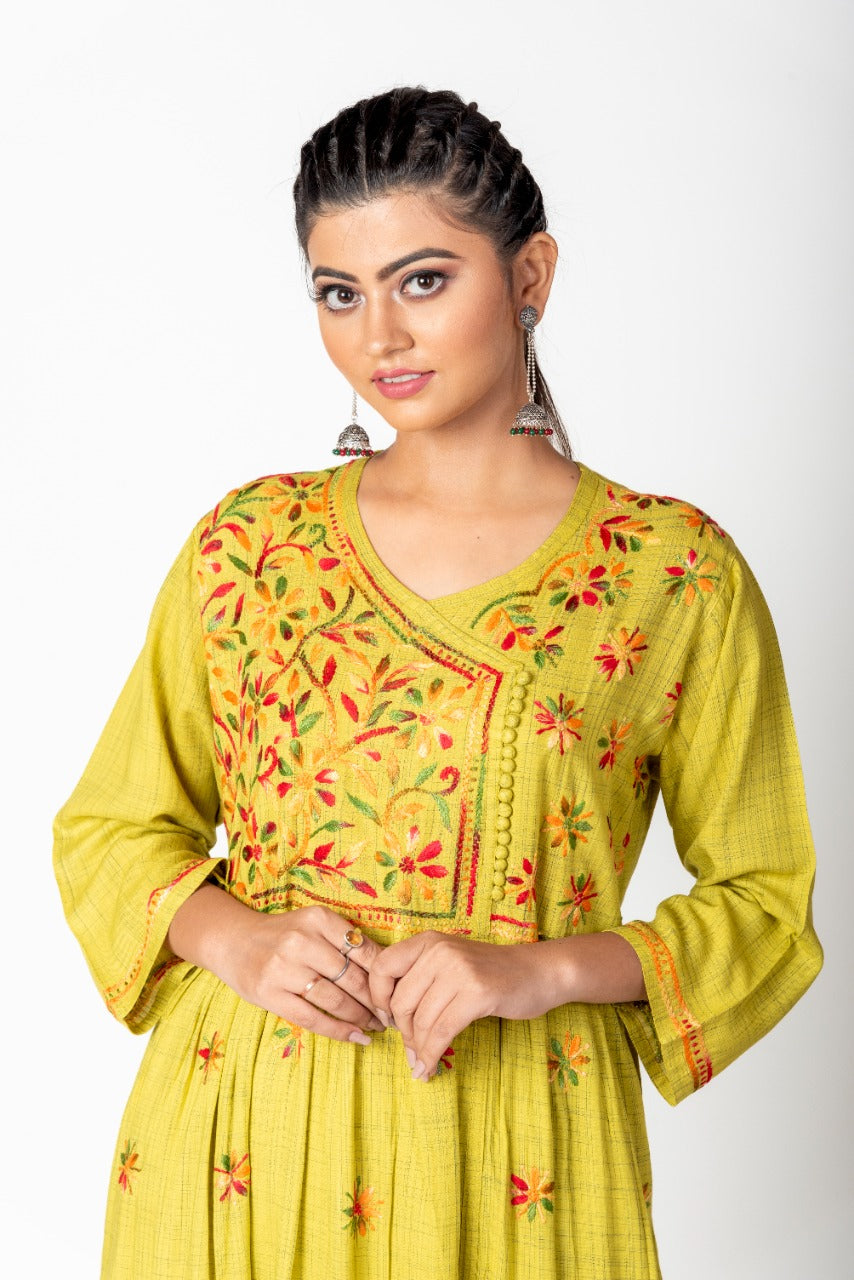 Lucknow Chikan Emporium Hand Embroided Cotton Rayon Chikankari Mehandi Green Angarkha Kurti