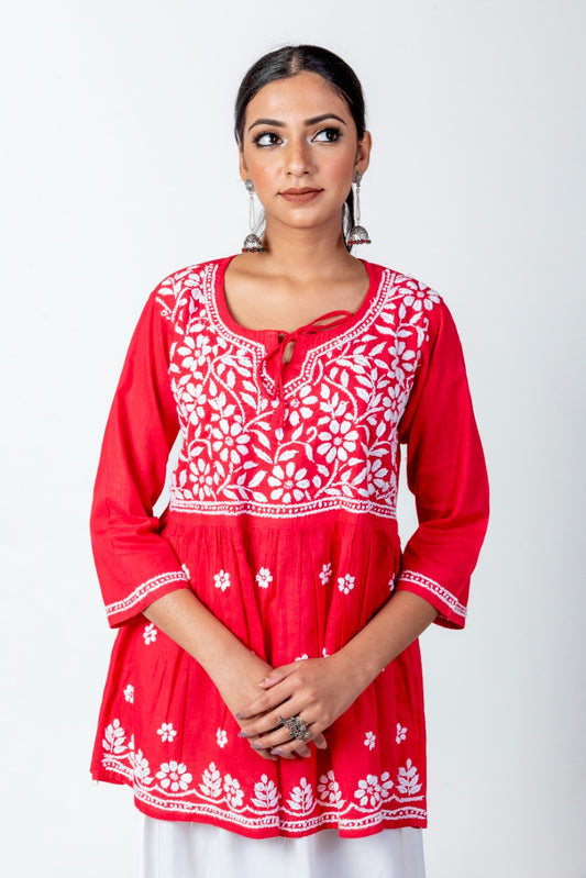 Lucknow Chikan Emporium Hand Chikankari Skin Freindly Soft  Cotton Short Kurti Nice Red Colour.