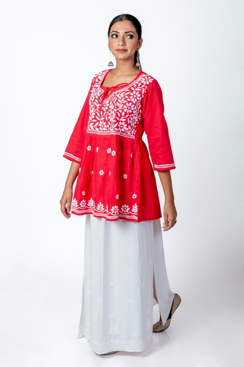 Lucknow Chikan Emporium Hand Chikankari Skin Freindly Soft  Cotton Short Kurti Nice Red Colour.