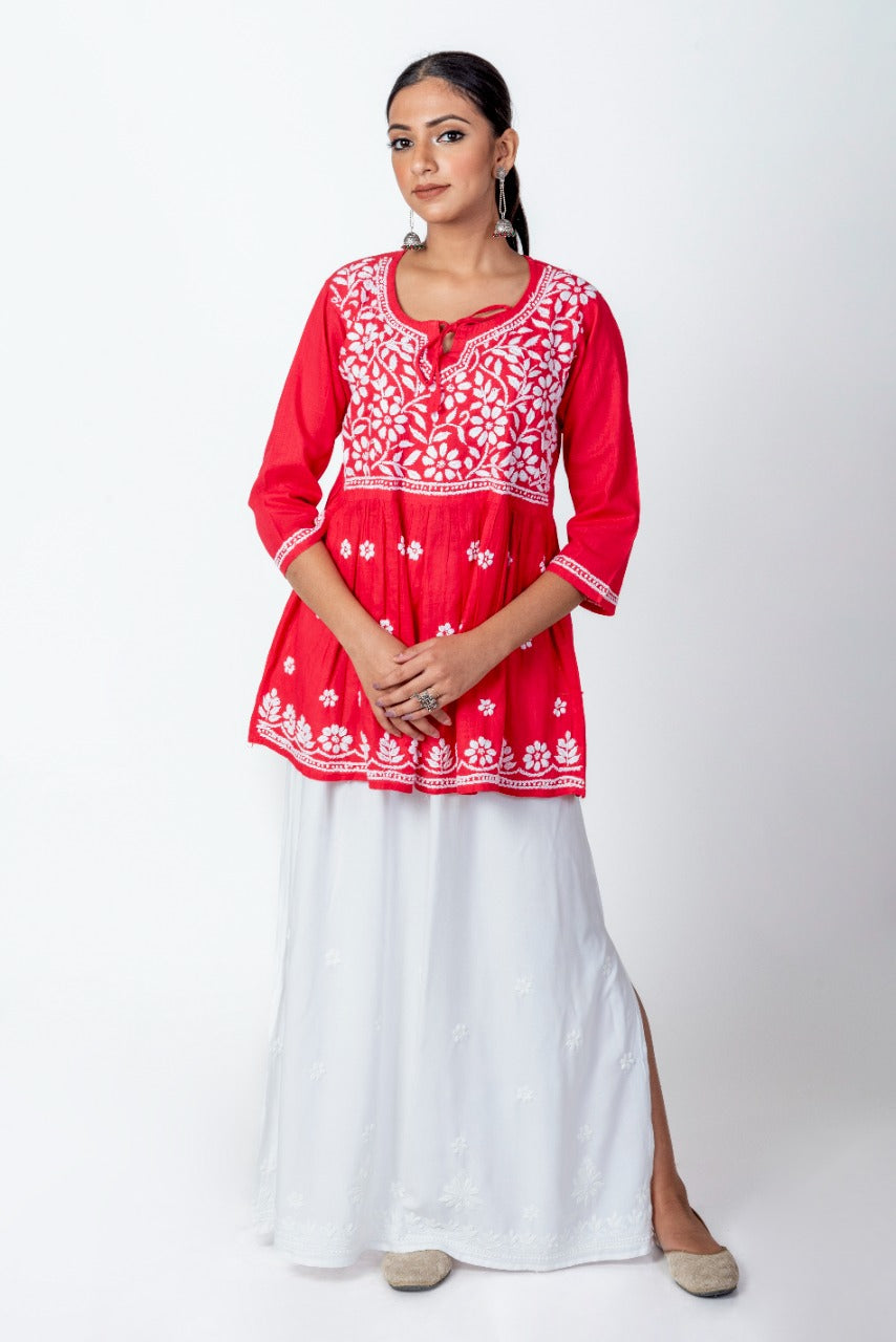 Lucknow Chikan Emporium Hand Chikankari Skin Freindly Soft  Cotton Short Kurti Nice Red Colour.