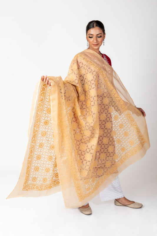 Lucknow Chikan Emporium Soft Cotton Fawn Colour Dupatta.