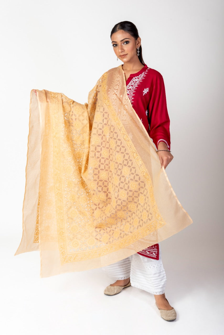 Lucknow Chikan Emporium Soft Cotton Fawn Colour Dupatta.