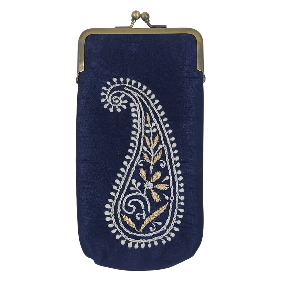 Nice Royal Blue Colour Fancy Silk Mobile Cover With Hand Chikankari Lucknow Chikan Emporium.