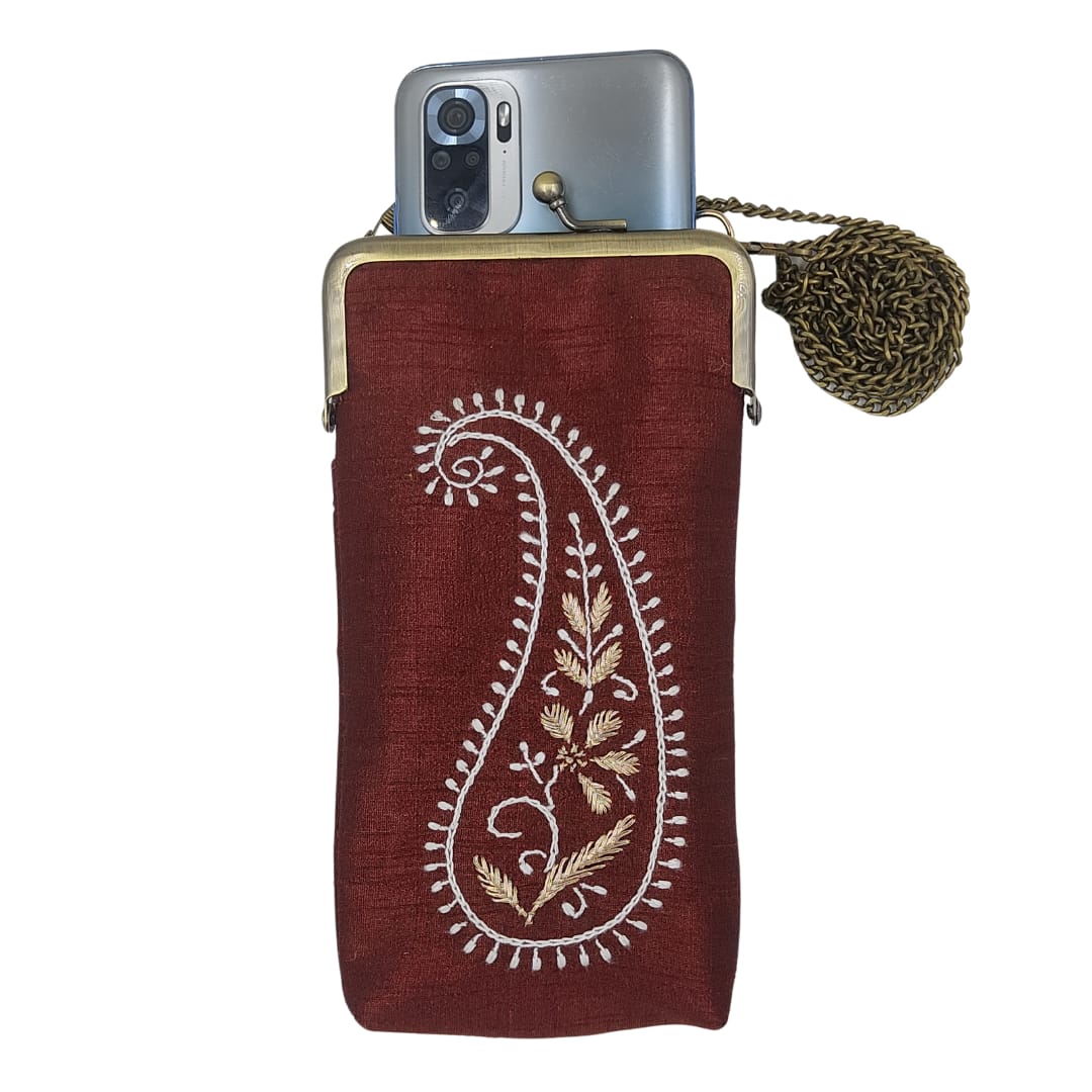 Nice Maroon Colour Fancy Silk Mobile Cover With Hand chikankari Lucknow chikan Emporium.