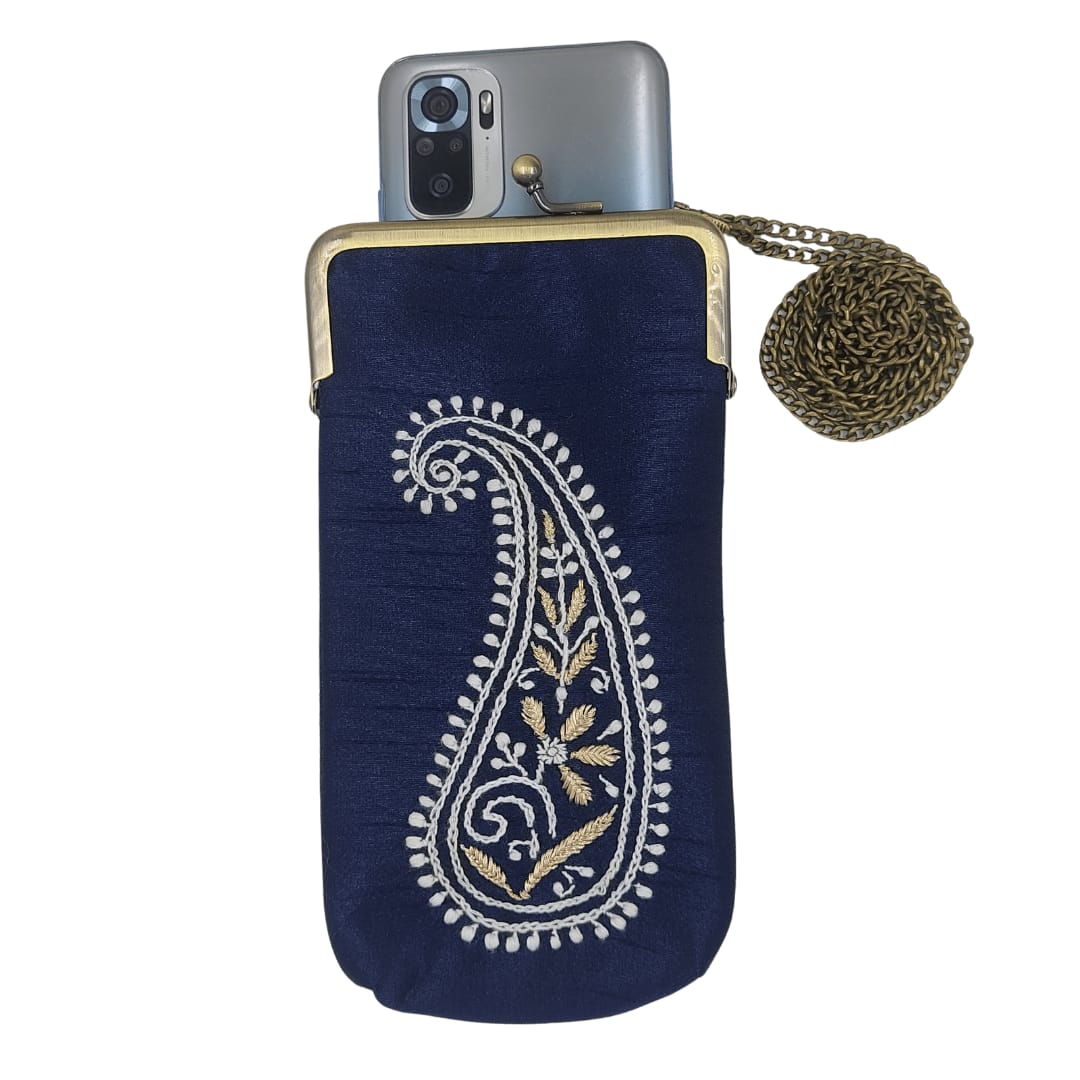 Nice Royal Blue Colour Fancy Silk Mobile Cover With Hand Chikankari Lucknow Chikan Emporium.