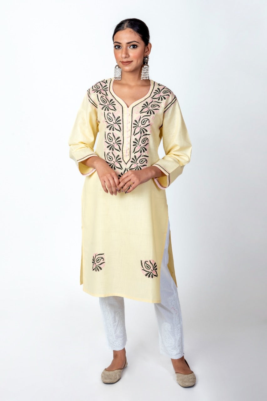 Nice Chikankari Fawn Colour Cotton Kurti Lucknow Chikan Emporium.