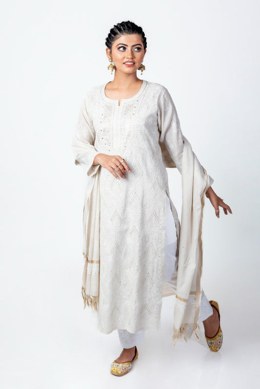 Nice Hand Embroided Skin Freindly Pure Tissue (Natural Colour ) Chikankari Dyeble Kurti Lucknow Chikan Emporium.