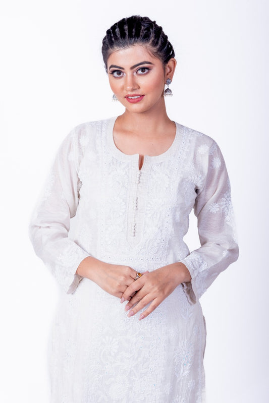 Nice Hand Embroided Skin Freindly Pure Tissue (Natural colour ) Chikankari Dyeble Kurti Lucknow Chikan Emporium.