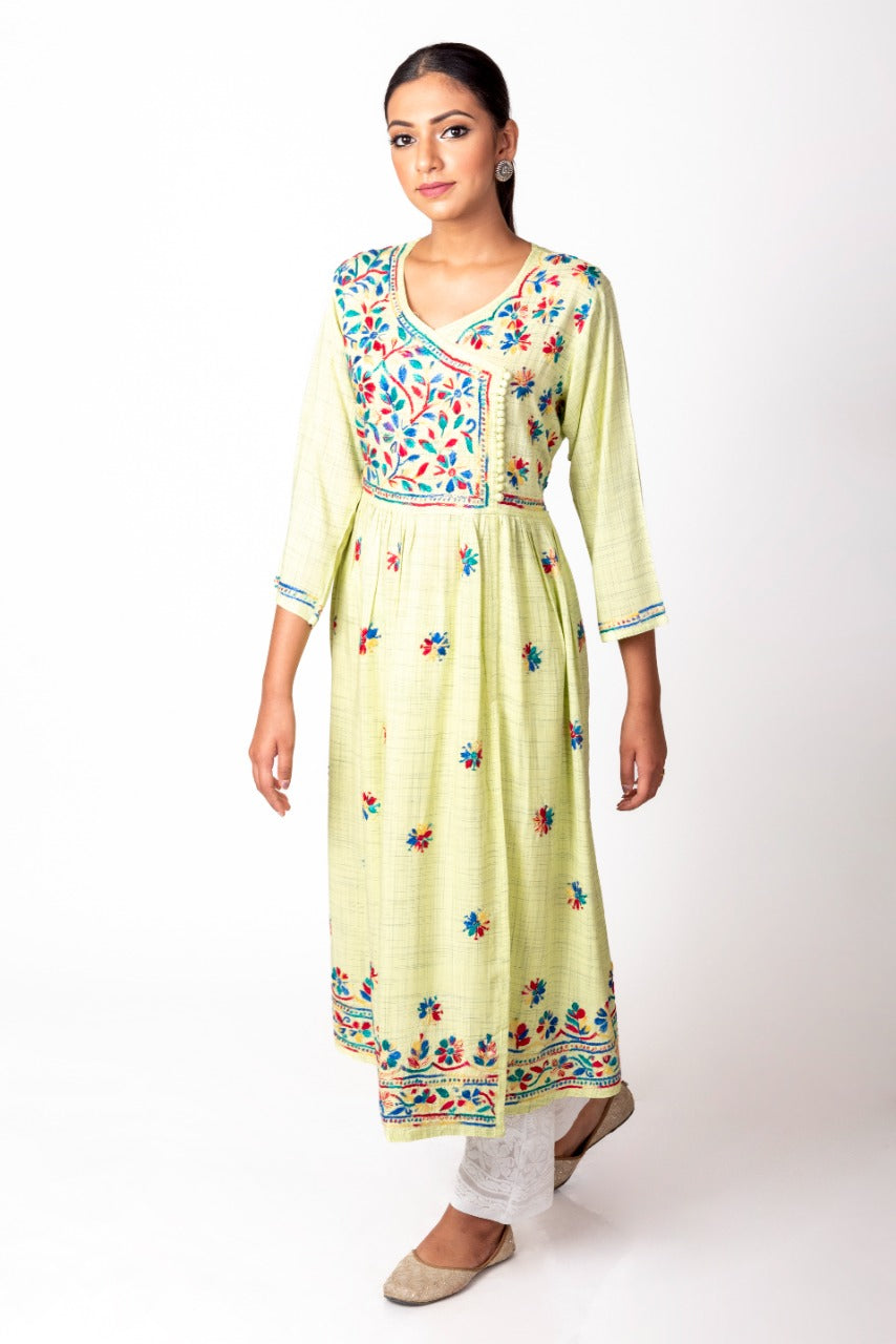 Lucknow Chikan Emporium Hand Embroided Cotton Rayon Chikankari Lemon Green Angarkha Kurti