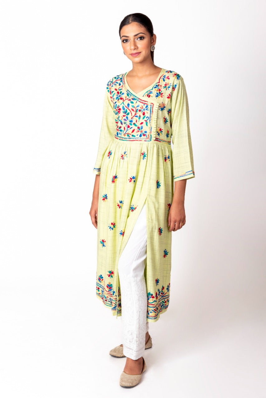 Lucknow Chikan Emporium Hand Embroided Cotton Rayon Chikankari Lemon Green Angarkha Kurti