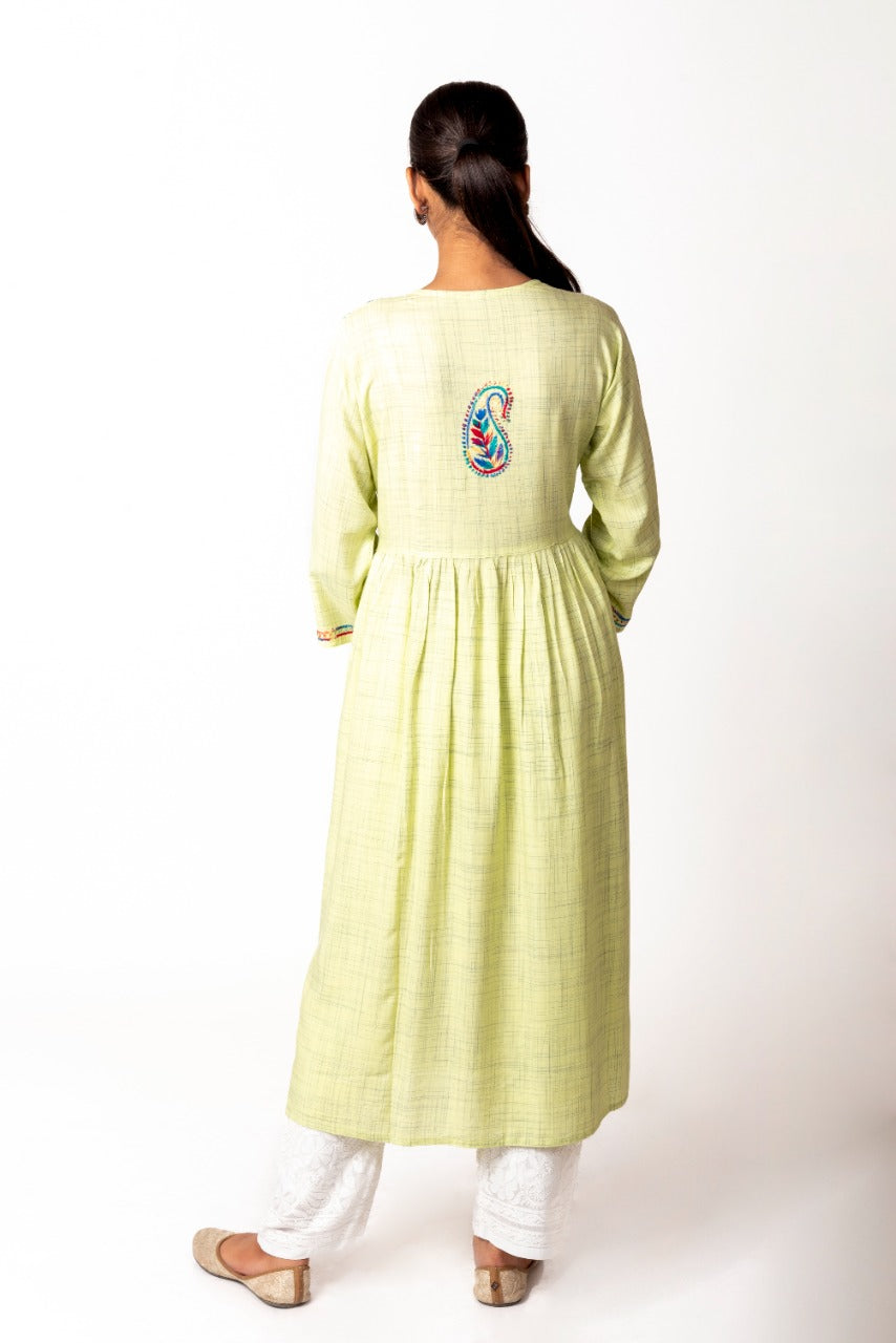 Lucknow Chikan Emporium Hand Embroided Cotton Rayon Chikankari Lemon Green Angarkha Kurti