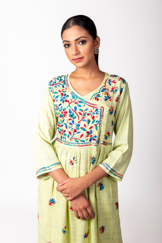 Lucknow Chikan Emporium Hand Embroided Cotton Rayon Chikankari Lemon Green Angarkha Kurti