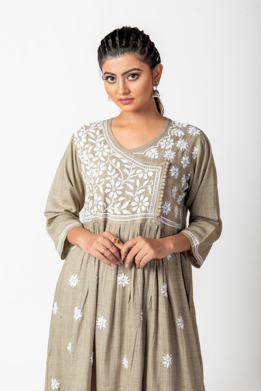 Lucknow Chikan Emporium Hand Embroided Cotton Rayon Chikankari Rusty Green Angarkha Kurti