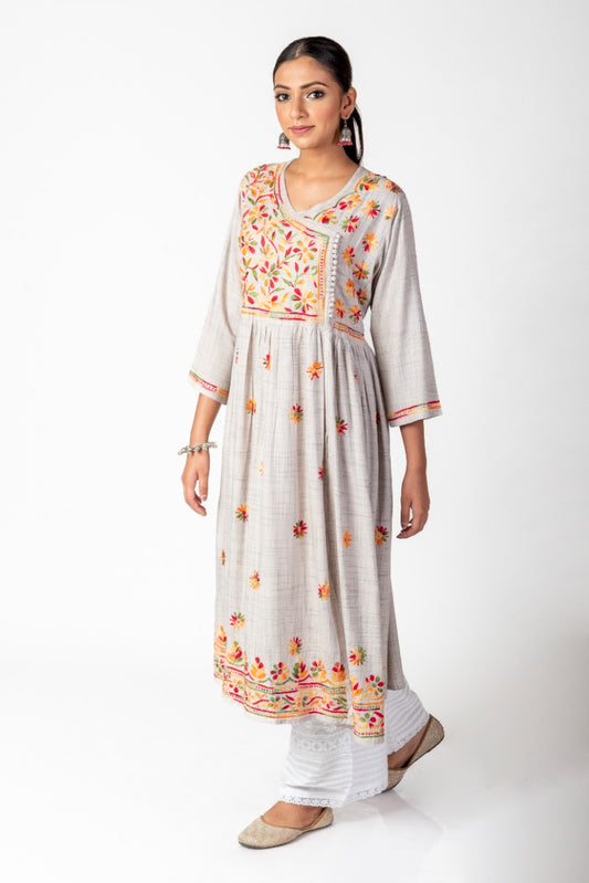 Lucknow Chikan Emporium Hand Embroided Cotton Rayon Chikankari Grey Angarkha Kurti