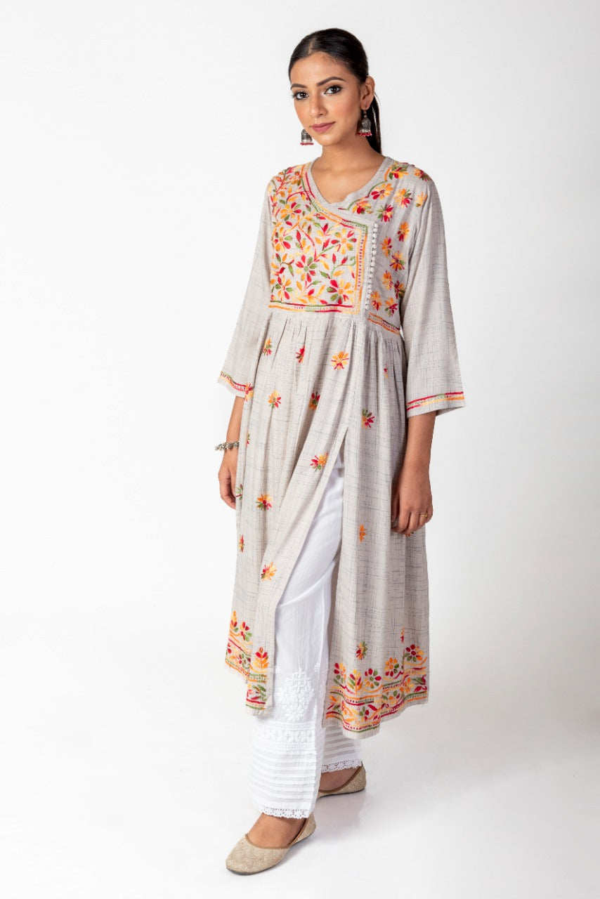 Lucknow Chikan Emporium Hand Embroided Cotton Rayon Chikankari Grey Angarkha Kurti