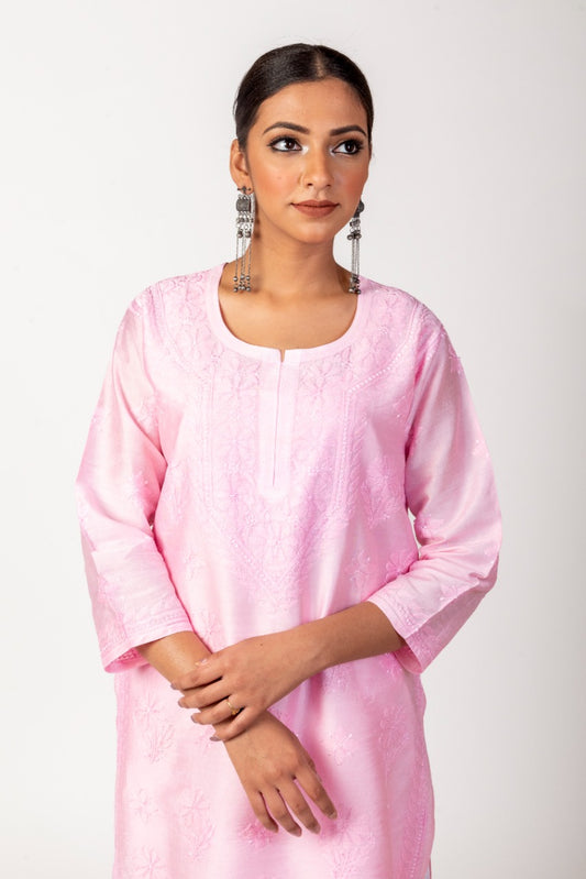 Lucknow Chikan Emporium Hand Lucknowi Chikankari Chanderi Cotton Pink Color Kurti.