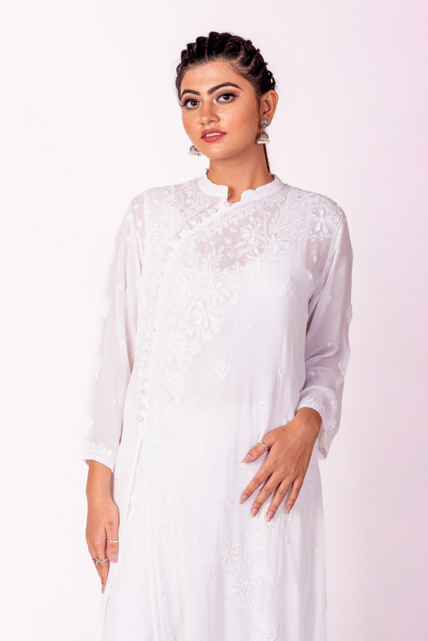 White Hand Embroided Skin Friendly Soft Viscose Chikankari Kurti Lucknow Chikan Emporium.