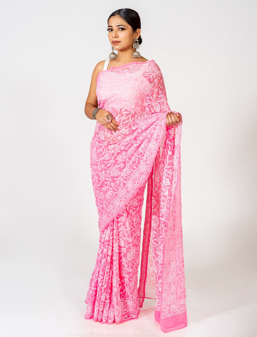 Lucknow Chikan Emporium Cotton Saree Pink Colour With Same Colour Blouse piece included.