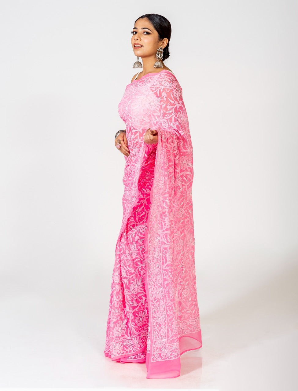 Lucknow Chikan Emporium Cotton Saree Pink Colour With Same Colour Blouse piece included.
