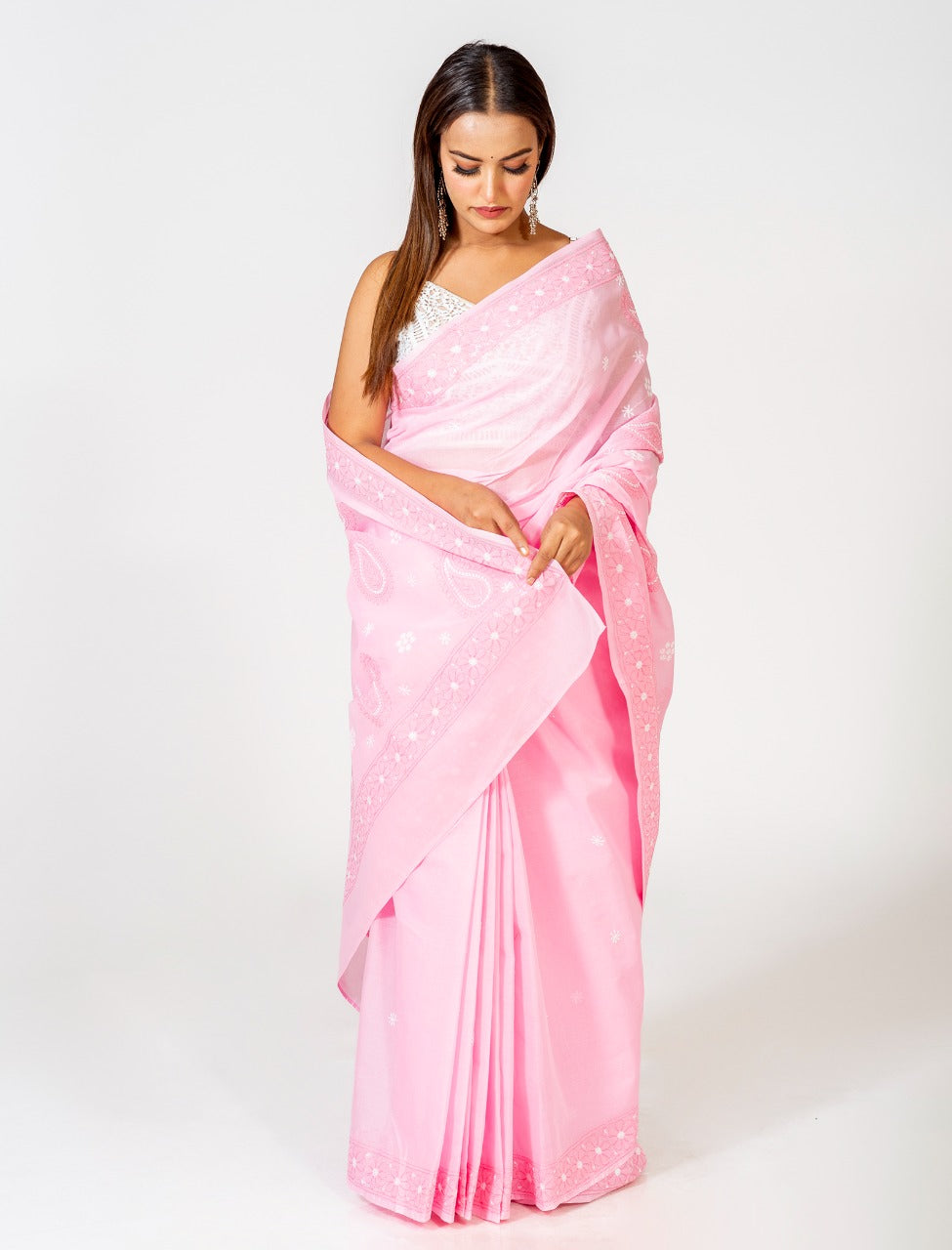 Lucknow Chikan Emporium Cotton Saree Pink Colour With Same Colour Blouse piece included.