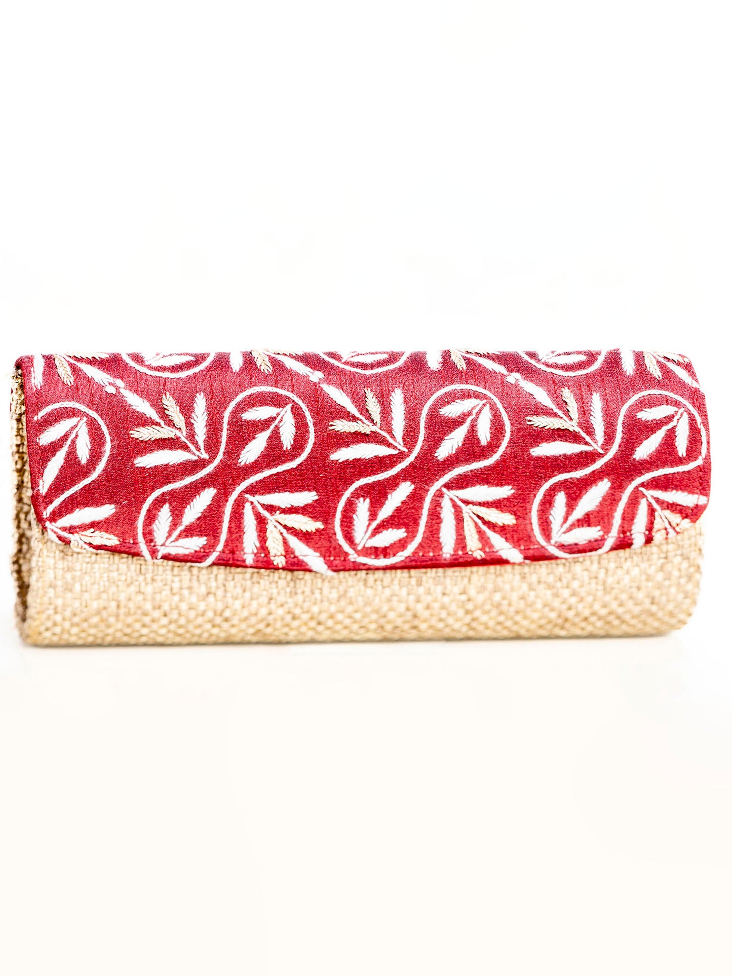 Red & Fawn Jute & Silk Cloth Clutch Lucknowi Hand Embroidery.