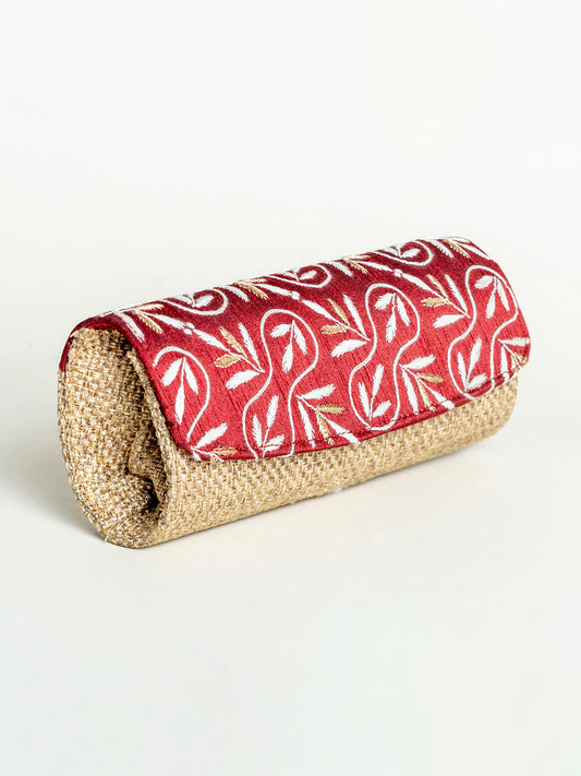 Red & Fawn Jute & Silk Cloth Clutch Lucknowi Hand Embroidery.