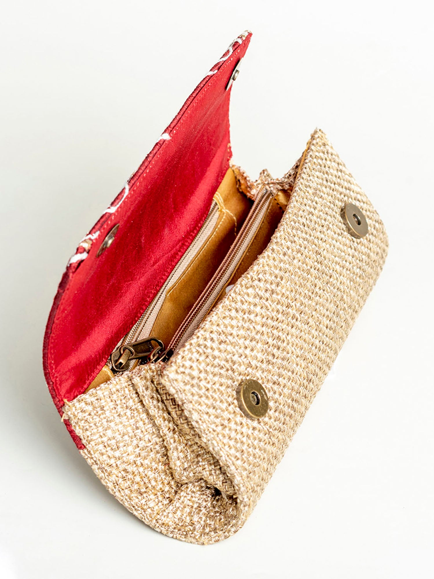 Red & Fawn Jute & Silk Cloth Clutch Lucknowi Hand Embroidery.