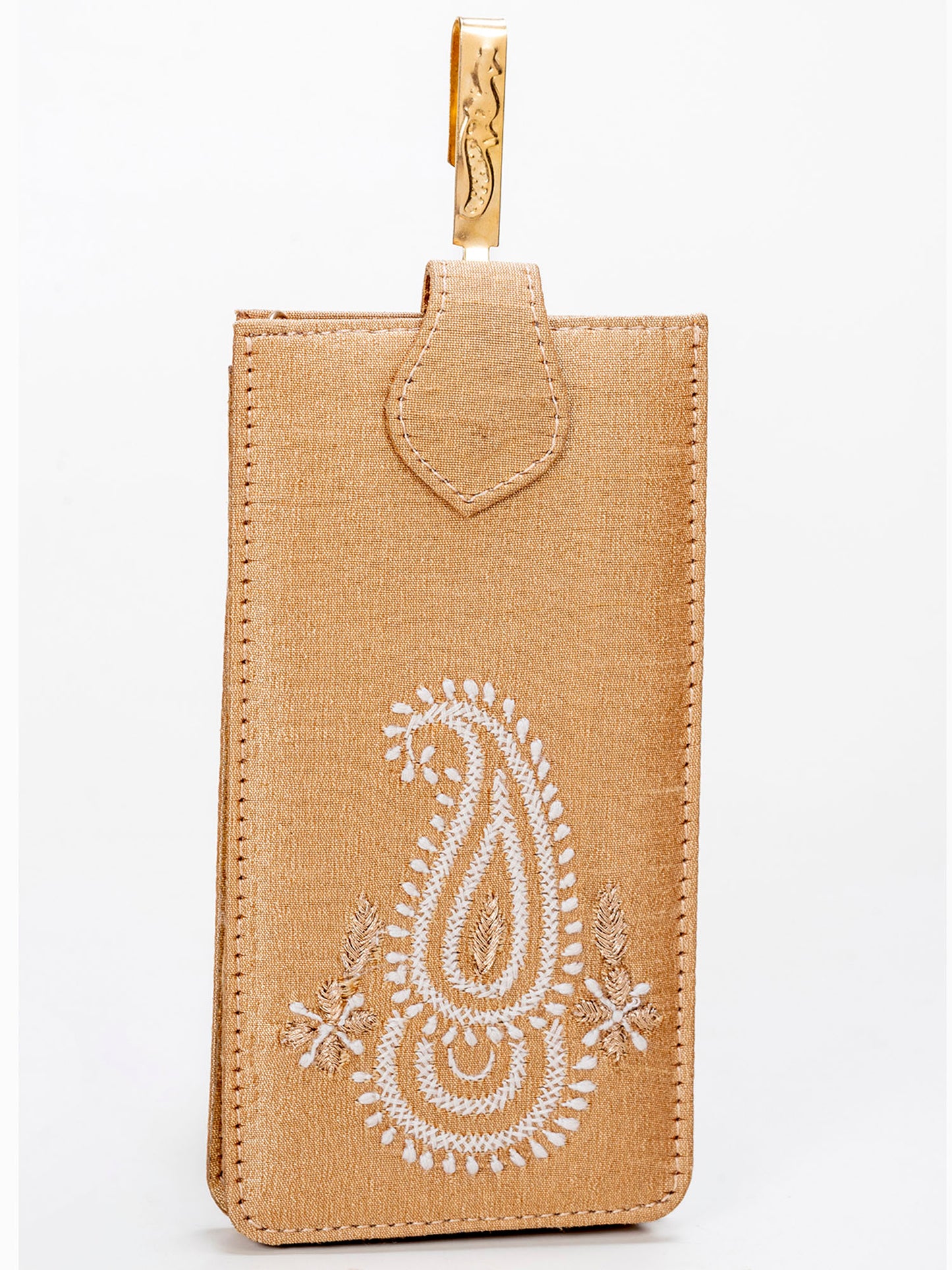 Nice Beige Colour Fancy Silk Mobile Cover With Hand chikankari Lucknow chikan Emporium.