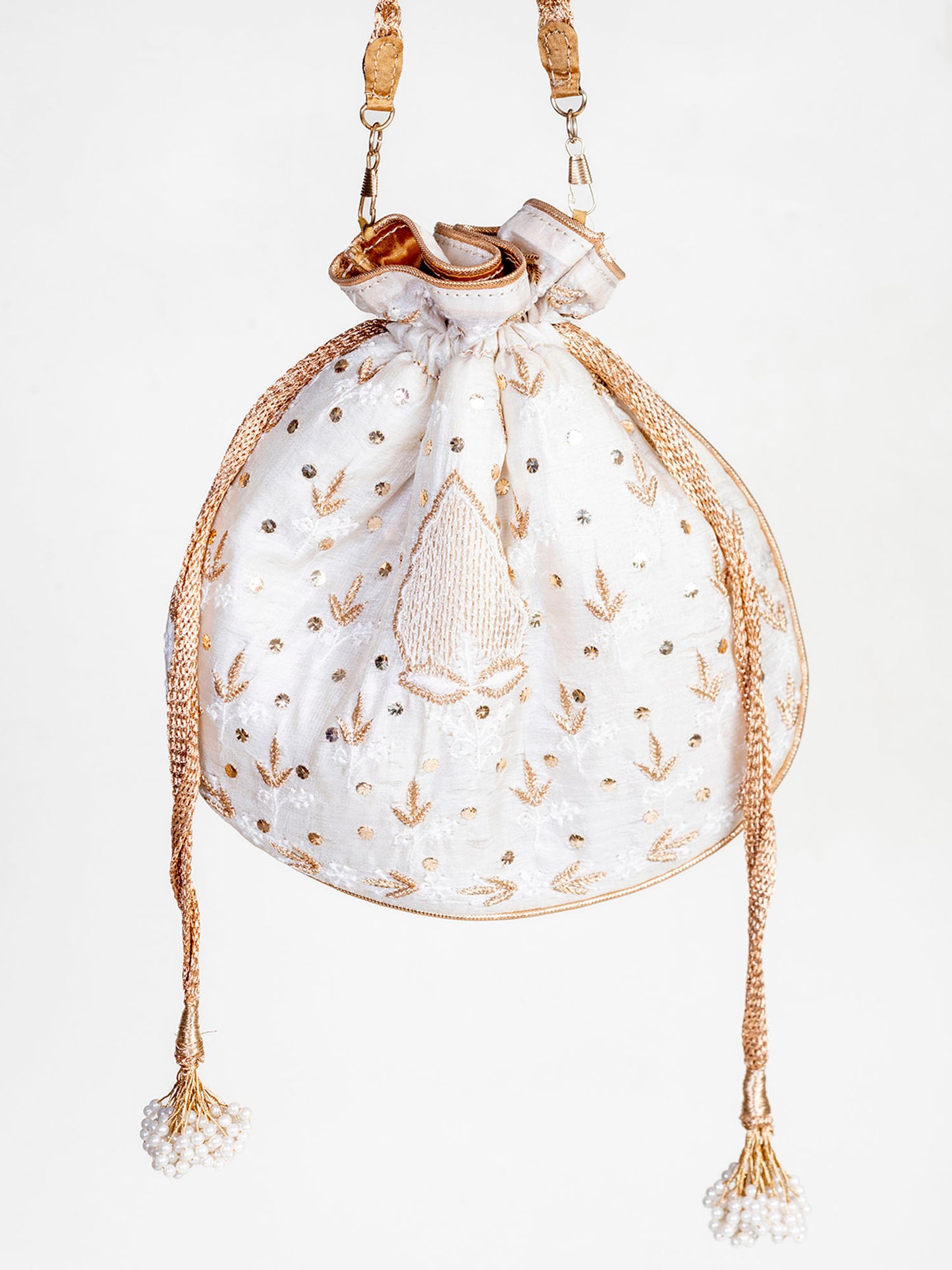 Off White Colour Silk Cloth Round Potali bag Chikankari Lucknow Chikan Emporium.