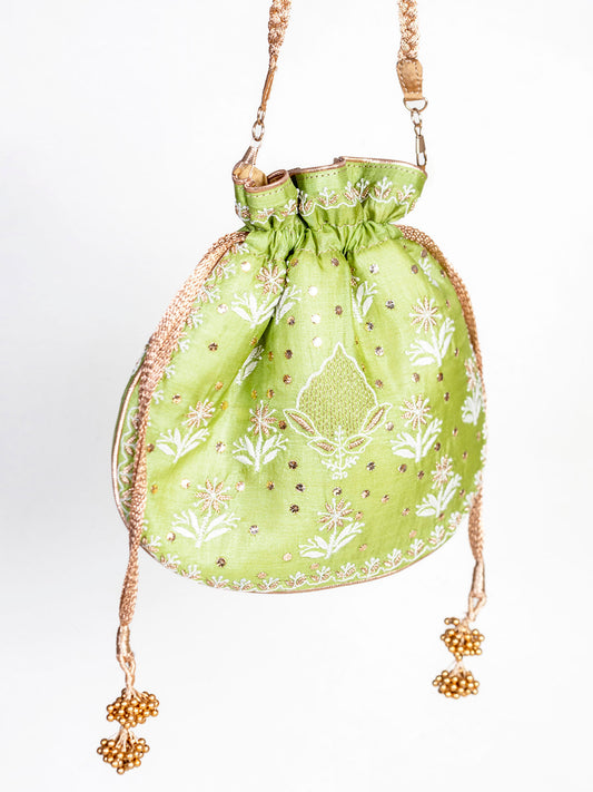 Mehndi Green Silk Cloth Round Potali bag Chikankari Lucknow Chikan Emporium.