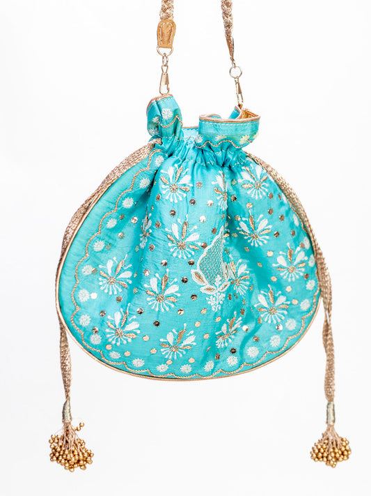 Sea Green Silk Cloth Round Potali bag Chikankari Lucknow Chikan Emporium.