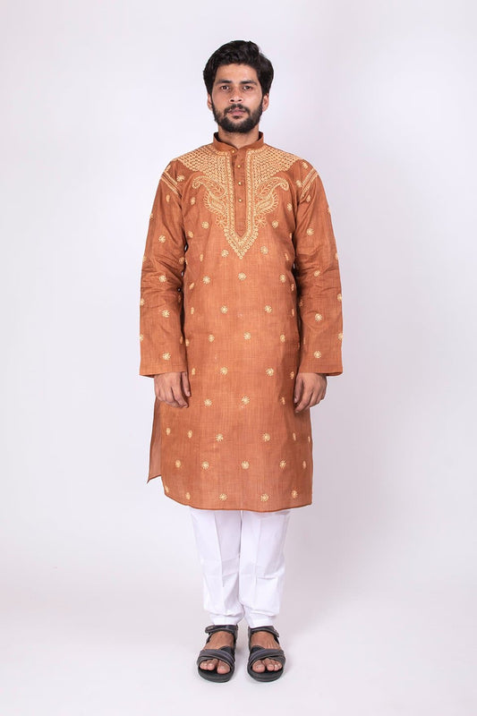 Lucknow Chikan Emporium Brown Cotton Silk Hand Chikan Kurta 