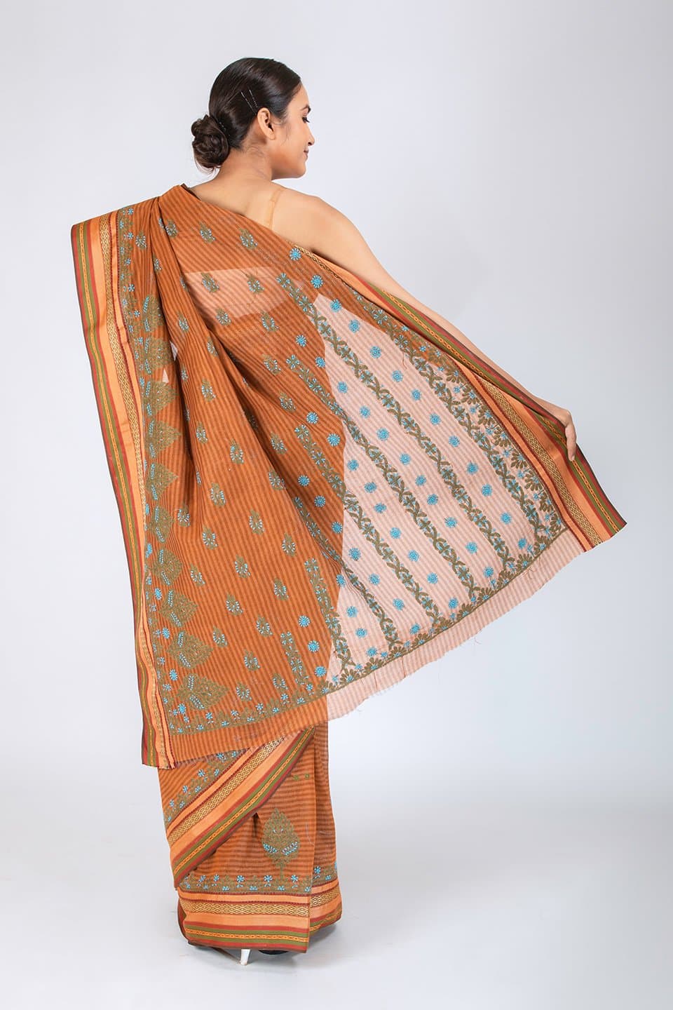 Lucknow Chikan Emporium Cotton Chanderi  Brown Color Saree With Blouse 