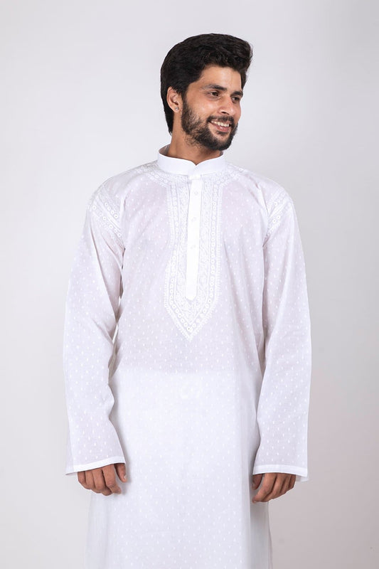 Lucknow Chikan Emporium Cotton Self Design White Hand Chikan Kurta 