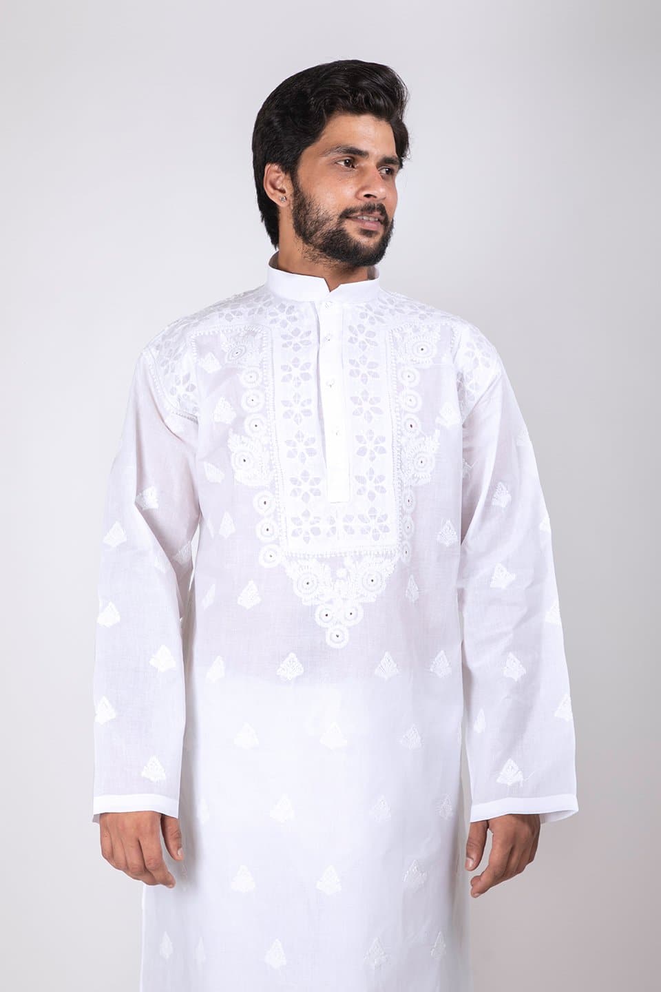 Lucknow Chikan Emporium Cotton  White Color Gents Hand Chikan Kurta 