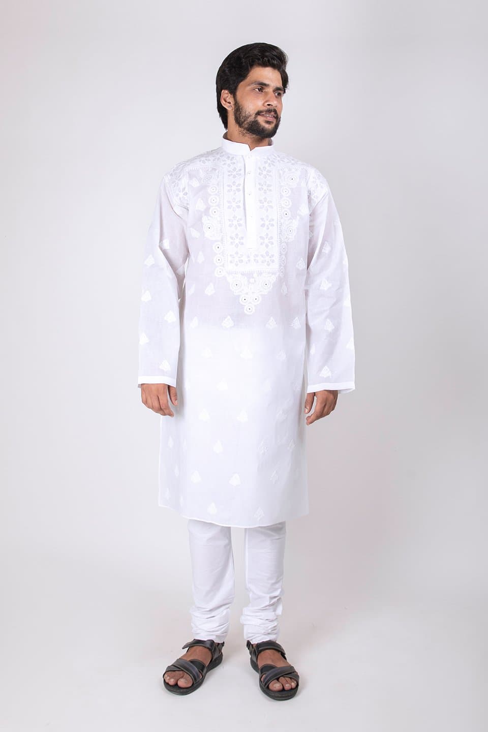 Lucknow Chikan Emporium Cotton  White Color Gents Hand Chikan Kurta 